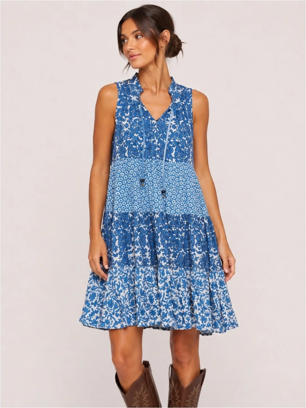 Chelsea & Theodore Blue Printed Tie-Front Tiered Dress
